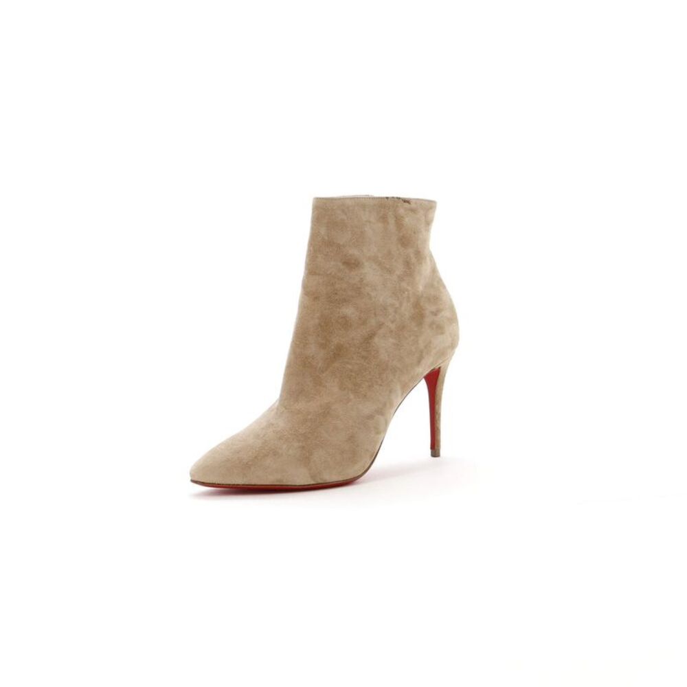 Christian Louboutin Beige Suede Pointed Toe Ankle Boots with Red Sole